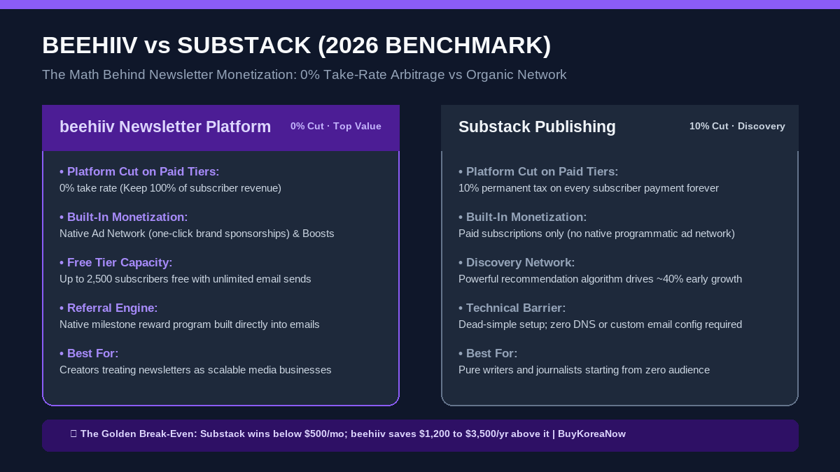 beehiiv vs Substack (2026): The Honest Fee & Feature Breakdown (Why Writers Switch at $500/mo)
