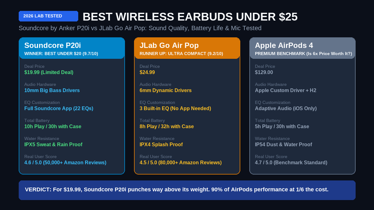 Soundcore by Anker P20i vs JLab Go Air Pop Comparison Infographic